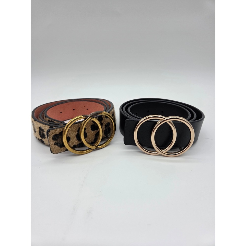 Womens Belt Set OS Black Leopard Print Gold Double Ring Buckle Good Unbranded